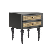 Mukti: Mango Wood & Cane 2 Drawer Bed Side With Turned Legs