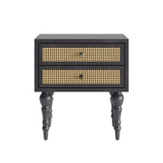 Mukti: Mango Wood & Cane 2 Drawer Bed Side With Turned Legs